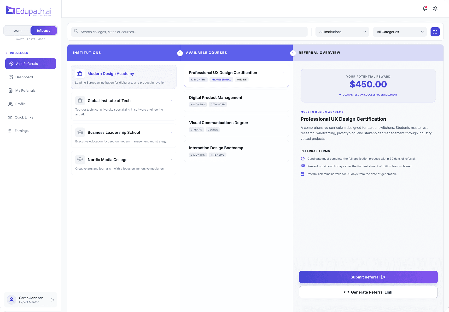 Edupath influencer portal — Add referrals