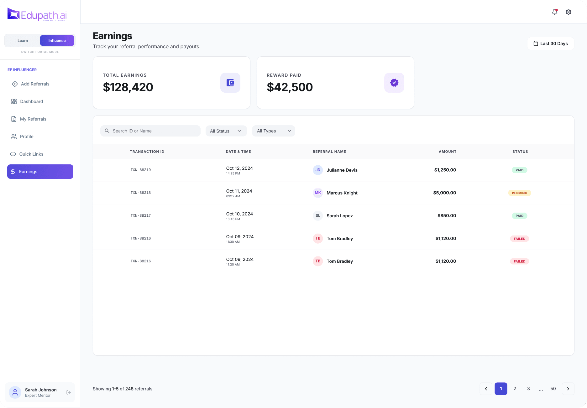 Edupath influencer portal — Earnings