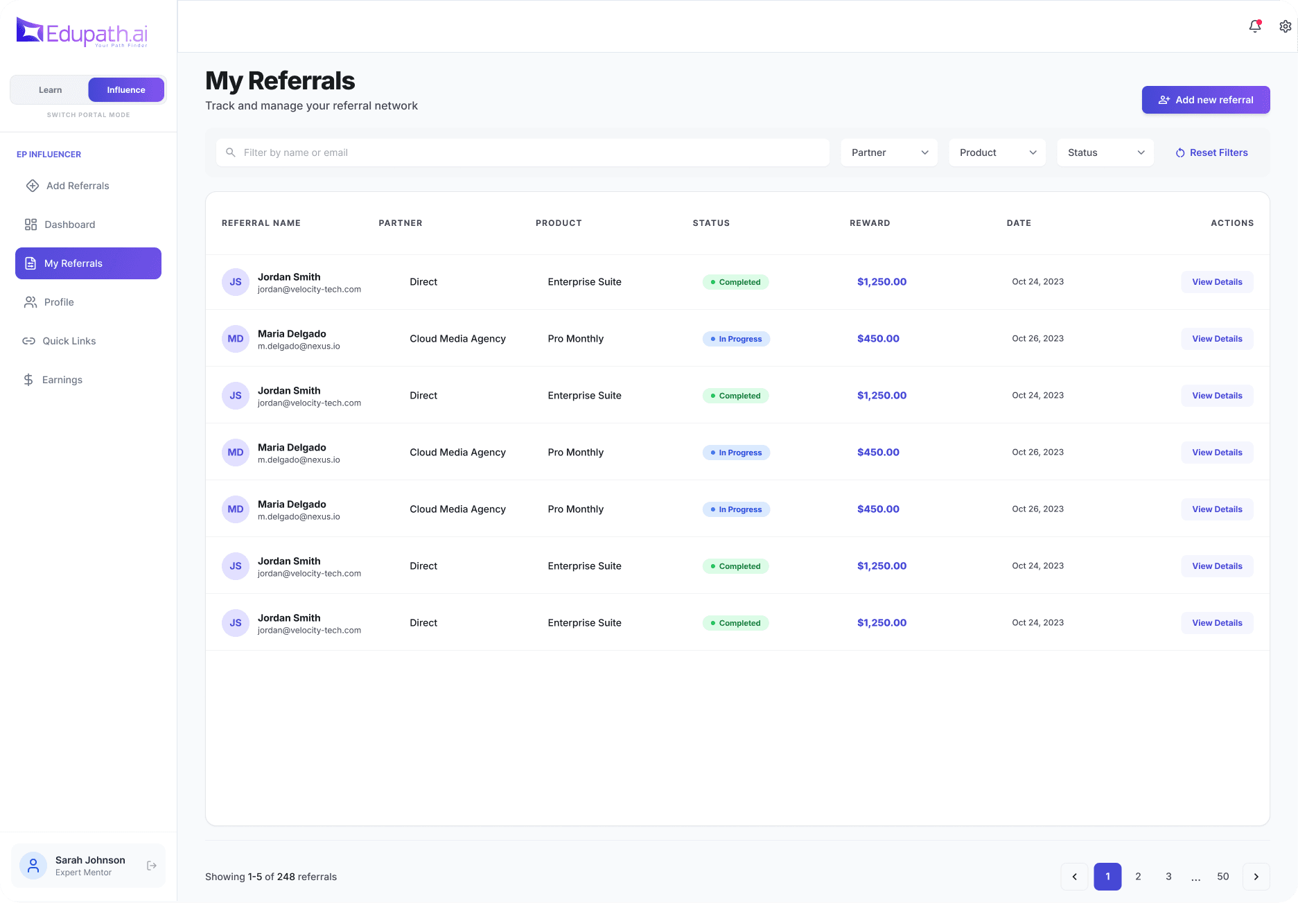 Edupath influencer portal — My referrals