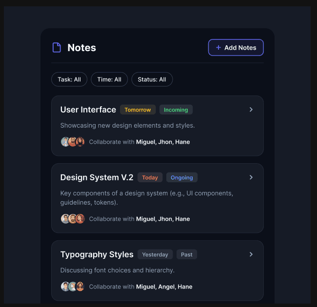 Orbyna Notes interface showing project notes, filters, statuses, and collaborators